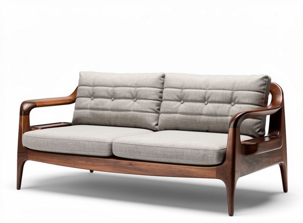 Mid-century modern sofa with light gray upholstery and walnut frame 200 x 85 x 80cm