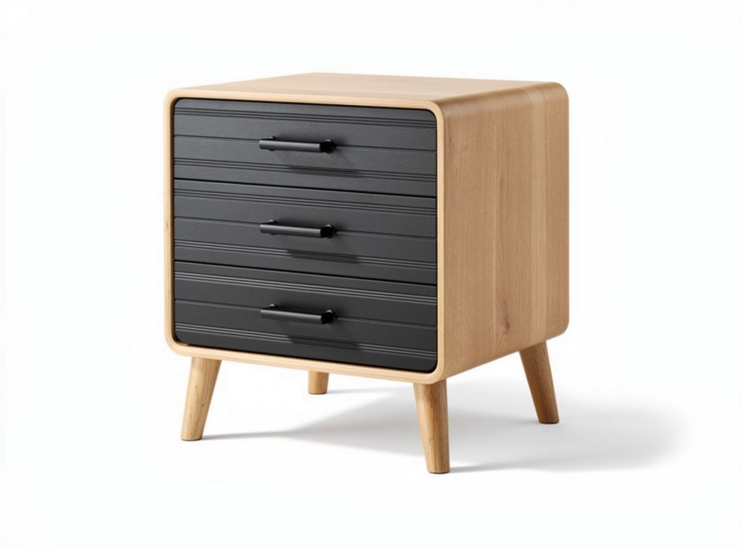 Wooden nightstand with three drawers and black slat front design 50 x 40 x 45cm