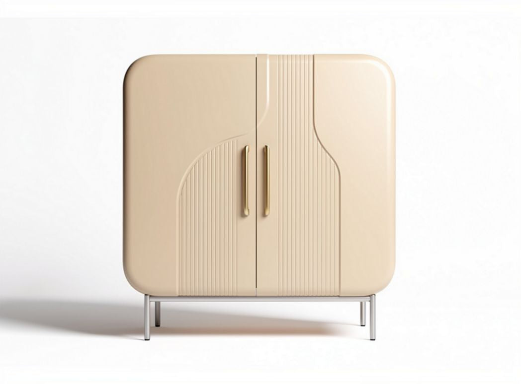 Beige modern cabinet with geometric design and stainless steel legs