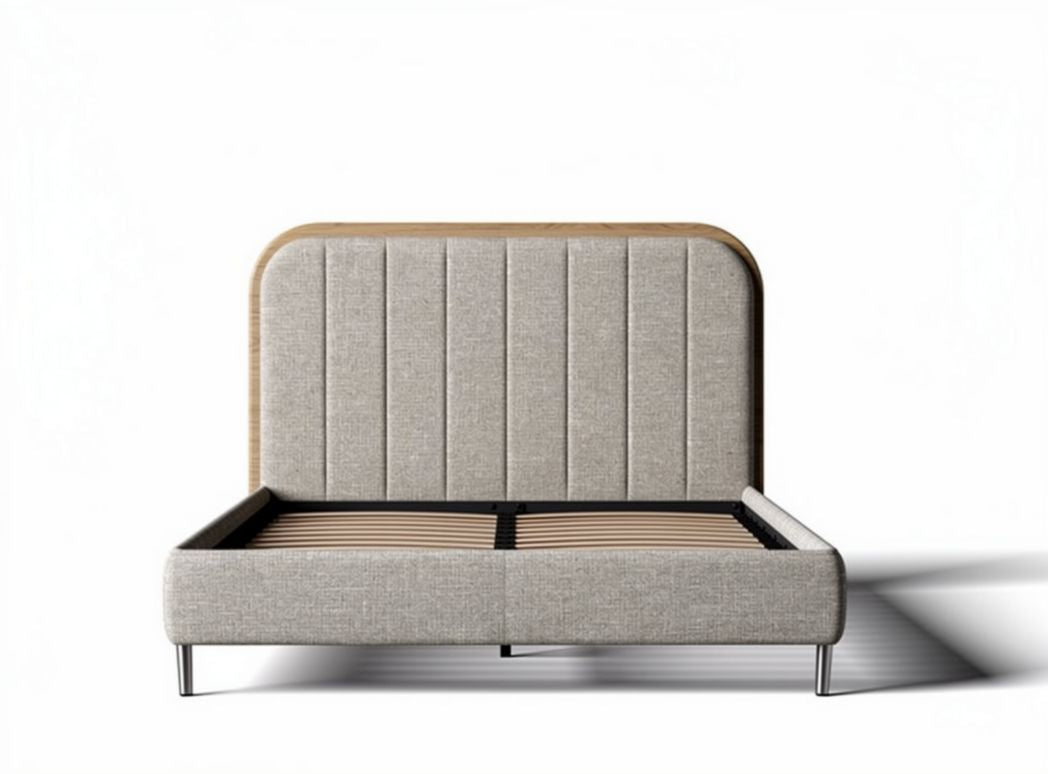 Fabric upholstered bed frame with wooden headboard and metal legs 200 x 160 x 100cm