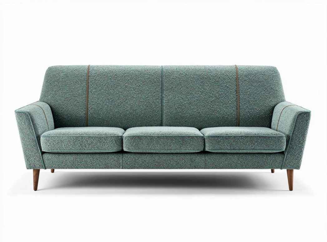 Mid-century modern three-seater sofa in teal fabric with wooden legs 200 x 90 x 80cm