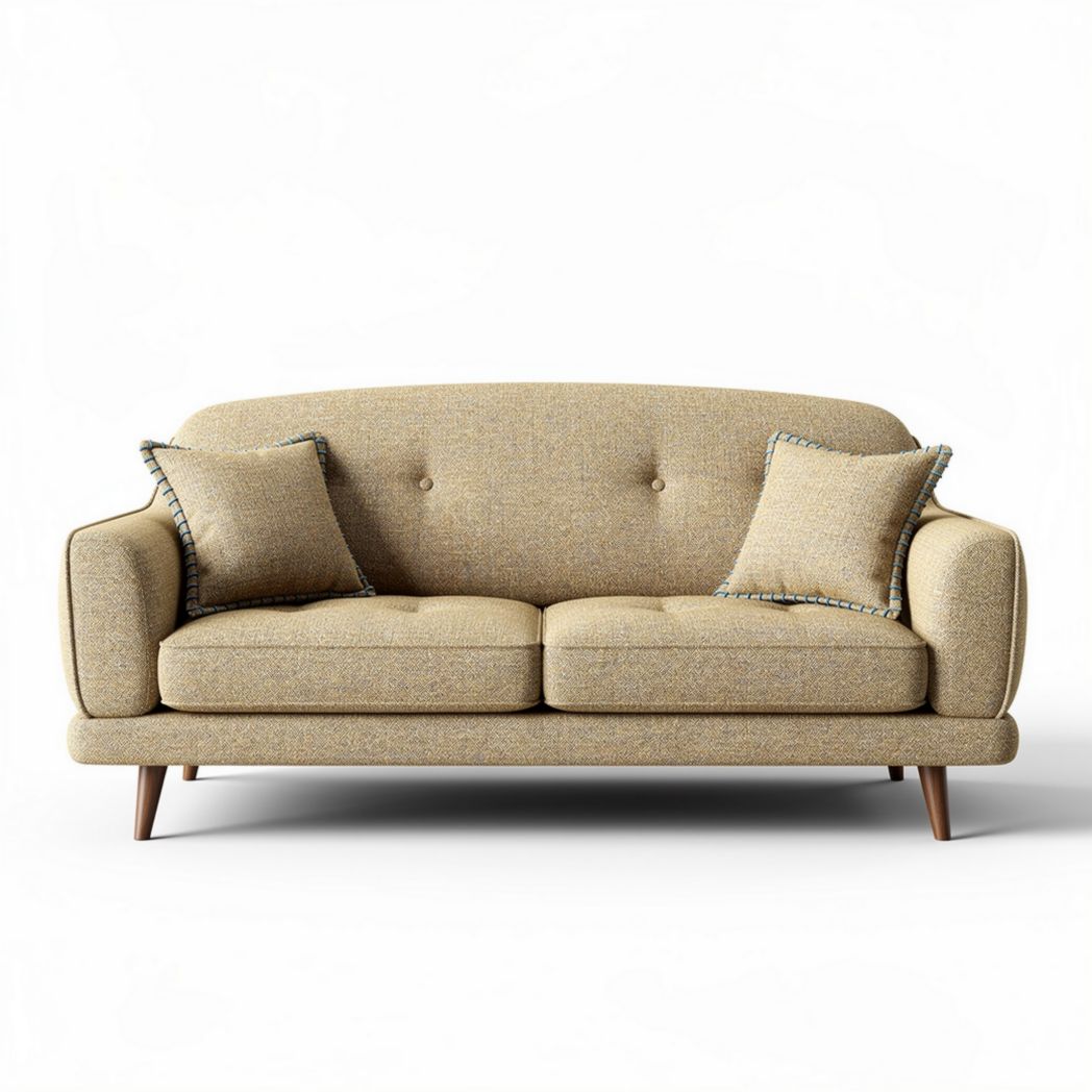 Two-seat upholstered sofa in yellow fabric with wooden legs 180 x 85 x 75cm