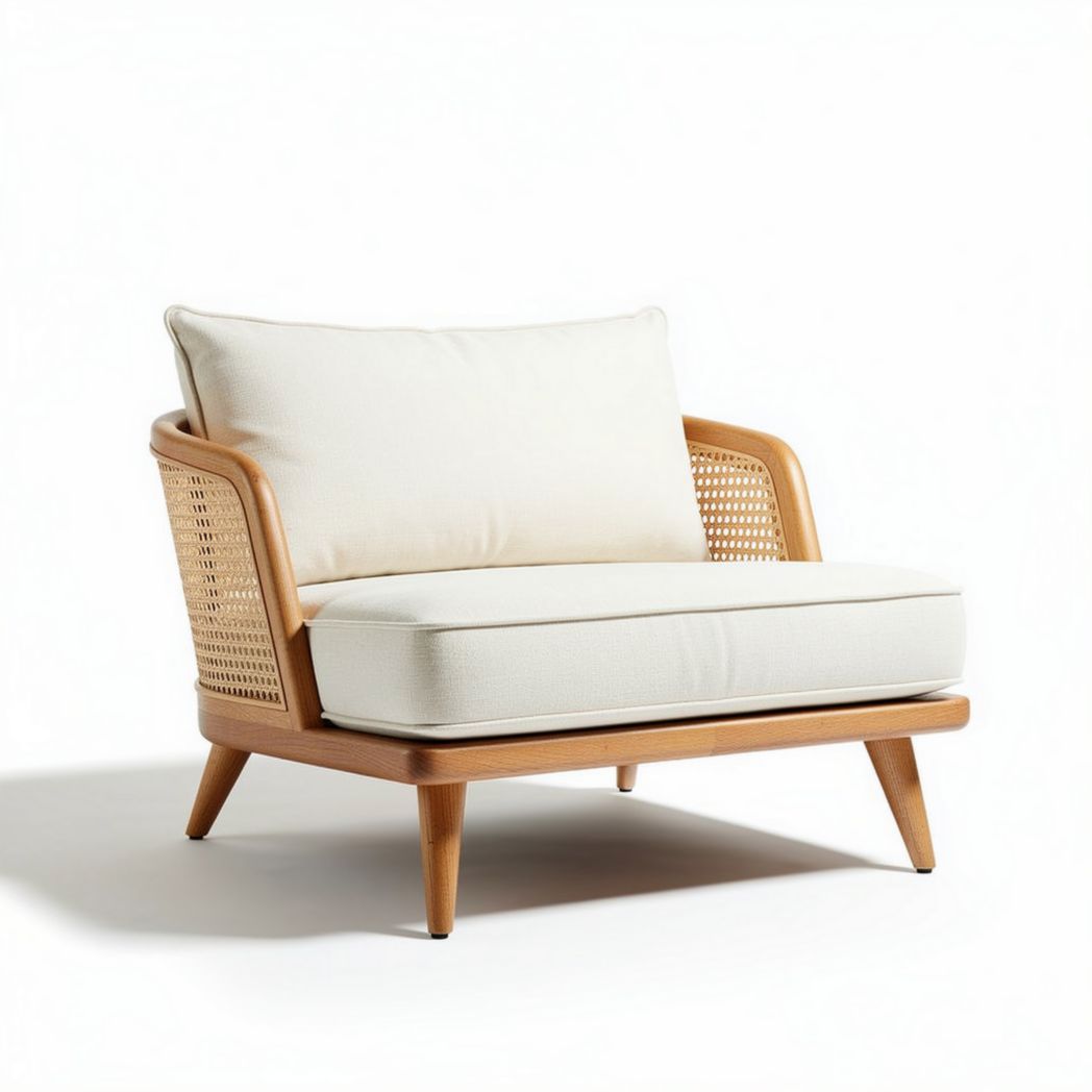 Cane back lounge chair with removable cushion in natural wood finish